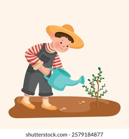 Boy gardener plants a tree - children's illustration about caring for nature