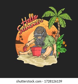 the boy with a gas mask is on vacation on a tropical beach