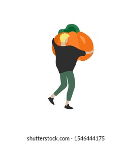 Boy gathering crops or seasonal harvest, collecting ripe pumpkin. Men work on a farm. Agricultural worker in autumn. Cartoon vector illustration