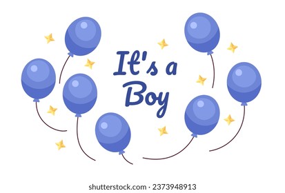 Its boy gender reveal balloons ecard greeting card design. Pregnancy baby shower colorful flat illustration white background. Newborn waiting 2D cartoon vector image, event special occasion postcard