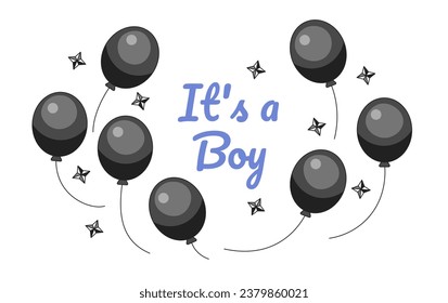 Its boy gender reveal balloons monochrome greeting card vector. Pregnancy baby shower black and white illustration greetingcard. Newborn wait 2D outline cartoon ecard, special occasion postcard image