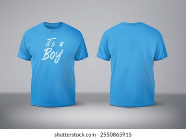 It´s a boy. Gender reveal clothing. Blank blue t-shirt mockup front and back. 