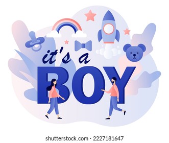 It's a Boy. Gender reveal party. Baby shower celebration. Modern flat cartoon style. Vector illustration on white background
