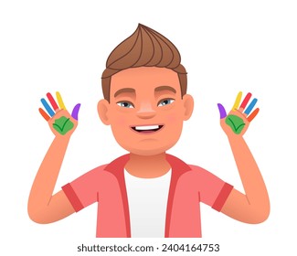 Boy with the genetic disease Down Syndrome got his hands dirty in multicolored paint in an art lesson. Happy expression on the face of a sunny child. Vector illustration in cartoon style.