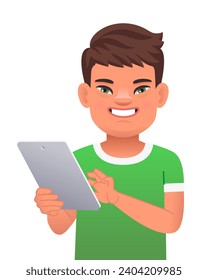 Boy with the genetic disease Down Syndrome stands with a tablet in his hands. confident smiling smart guy. Sunny child. Vector illustration in cartoon style.