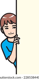 A boy gently peeking out his face.