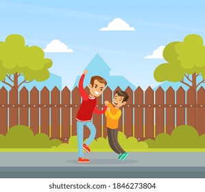 Boy Get Bullied by Another on Backyard, Aggressive Boy Bullying Younger, Violence and Aggression between Children Concept Vector Illustration