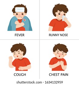 A boy get sick. He has high temperature. Boy is coughing and suffering from chest pain. Coronavirus 2019-ncov flu.Health and Medical. Vector illustration.
