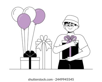 Boy gets a gift on his birthday, vector illustration.