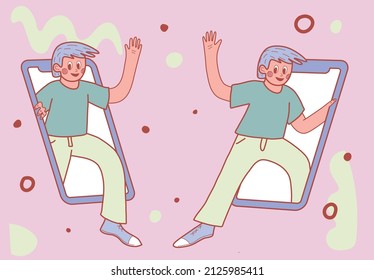 The boy gets off the phone and waves her hand. The boy says goodbye. Online communication. Communication in social networks. Greetings and farewells in the virtual world. Welcome gesture. Smartphone.