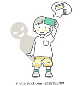 A boy getting into trouble for using a smartphone - Simple and cute line drawing illustration