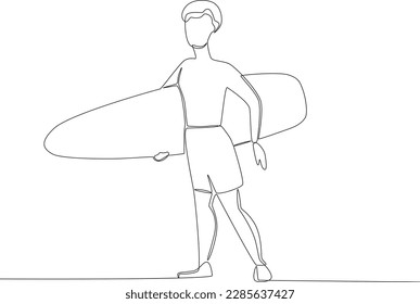 A boy getting ready to surf. Surfing one-line drawing