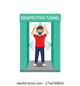 Boy getting sanitized in Disinfection Tunnel vector illustration.