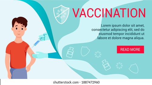The boy is getting vaccinated. Banner on the topic of vaccination. Gloved hands hold a syringe and inject the vaccine. 