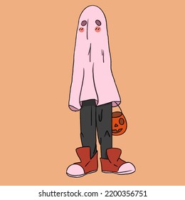 a boy in a ghost costume goes to collect sweets for halloween illustration