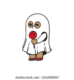 Boy in Ghost custome with Lollipop on Halloween Party. Suitable vector for design and illustration in Halloween Event