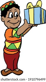 boy with gift. African traditional wear. clipart, vector illustration.