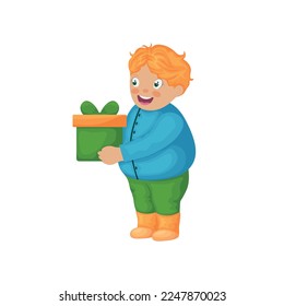 A boy with a gift box. Cute smiling boy holding a gift box. A cheerful child with a cartoon-style gift. Vector illustration isolated on a white background