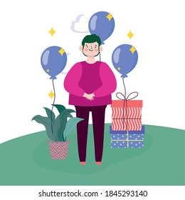 boy gift boxes balloons and plant in grass vector illustration