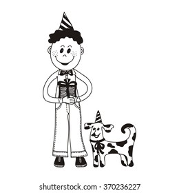 Boy with gift and dog cute cartoon happy birthday greeting card vector illustration