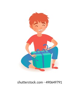 Boy with gift isolated on white. Christmas or New Year. Vector illustration. Cute cartoon stylized child