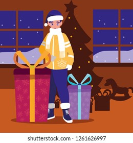 boy with gift and tree christmas