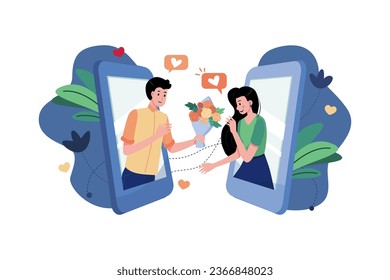 Boy gifting flower to girlfriend through an online dating app