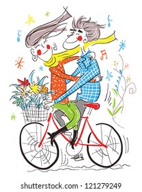 The boy and gile on the bicycle