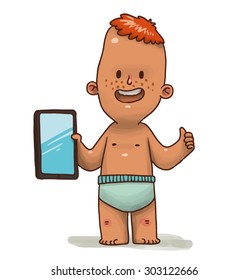 Boy with ginger hair with a tablet, vector
