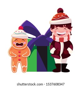 boy and gingerbread man with gift box in white background vector illustration design