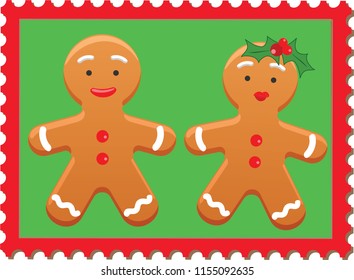 Boy gingerbreadman and girl gingerbread stamp for postcard. Happy christmas welcome 2019