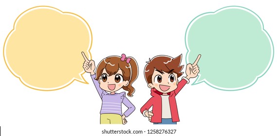 A boy and a gir happy. Pointing a speech balloon