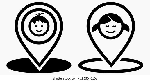 Boy or Gir location icon. Geotag the child. Tracking children. Vector graphics.