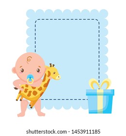 boy with giraffe gift baby shower baby shower vector illustration