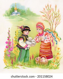 Boy and girl admiring gray rabbit vector