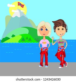 Boy and girl against the background of the sea and mountains, graduating high school in Norway in red overalls with Norwegian flag image.