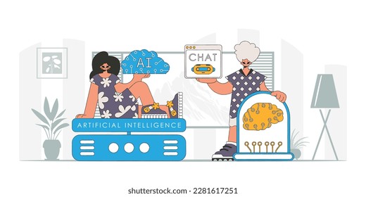 A boy and girl AI squad in modern attire, vector drawn artwork.