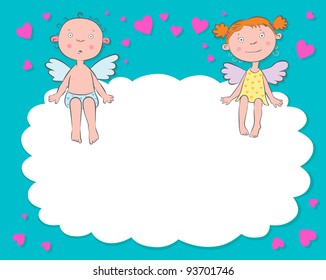 Boy and girl angels on a cloud