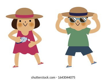Boy and girl and  applying sunscreen.
Summer clip art.
Character Design.