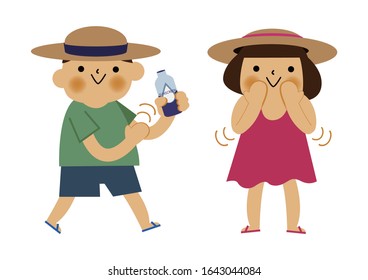 Boy and girl and  applying sunscreen.
Summer clip art.
Character Design.