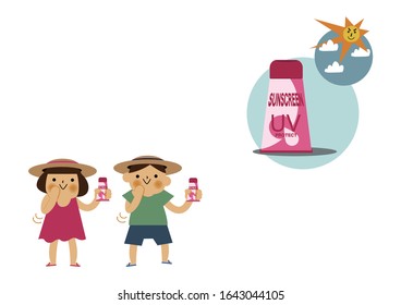Boy and girl and  applying sunscreen.
Summer clip art.
Character Design.
