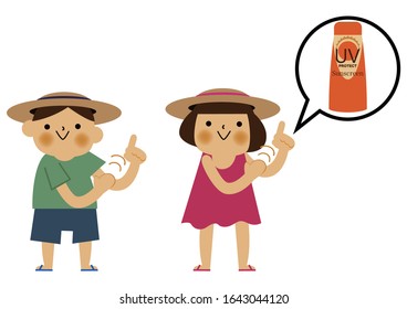 Boy and girl and  applying sunscreen.
Summer clip art.
Character Design.