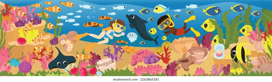 A boy and a girl aqua divers swim underwater with fish. Rich underwater world and many fish, algae and plants. Horizontal scene near coral reefs in cartoon style.