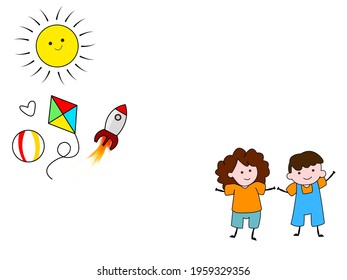 boy and girl with arms up in happiness with a sun that surrounds them and toys, celebrating children's day