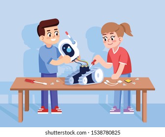Boy and girl assemble robot flat vector illustration. Electronic constructor for kids. Robotics course for children. Young students learning mechanism of droid device cartoon characters