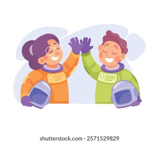 Boy and Girl Astronaut Character in Outer Space Exploring Universe Vector Illustration