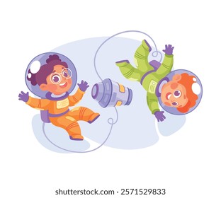 Boy and Girl Astronaut Character in Outer Space Exploring Universe Vector Illustration