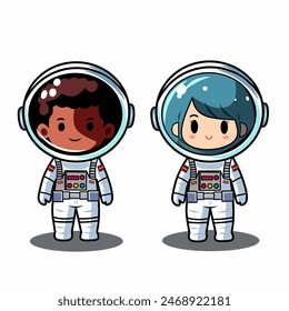 Boy and girl astronauts in cosmic suits, Vector cartoon flat design isolated set