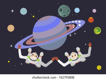 Boy and girl in astronauts suits in open space , vector illustration, background.