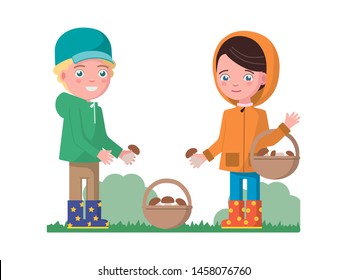 Boy and a girl in autumn clothes with a raincoat jacket gathering mushrooms in a basket. Children in nature pick mushrooms. Autumn children cartoon vector illustration isolated on white, flat style.